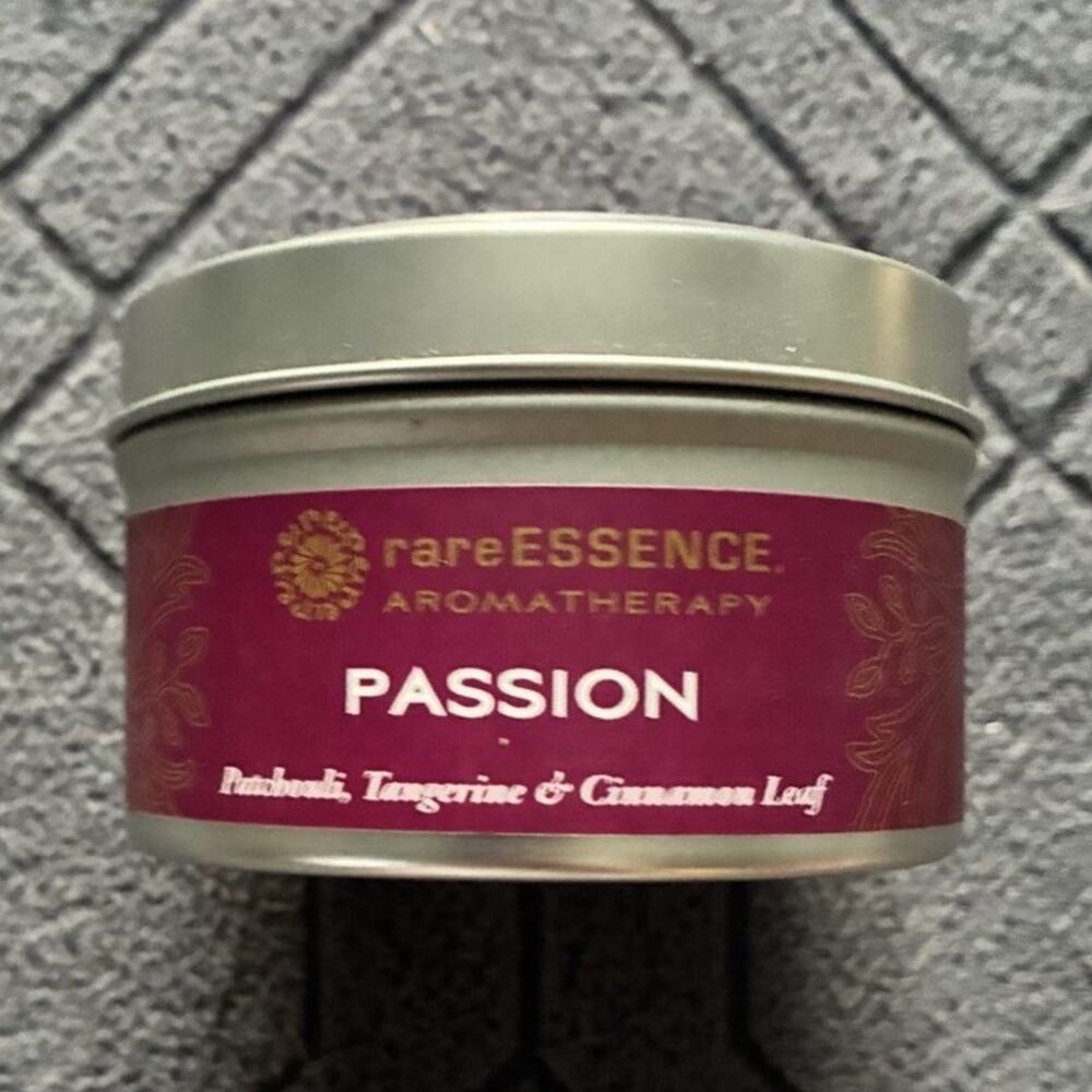 rareESSENCE Passion Candle in Tin 3.8 oz Patchouli Tangerine and Cinnamon Leaf